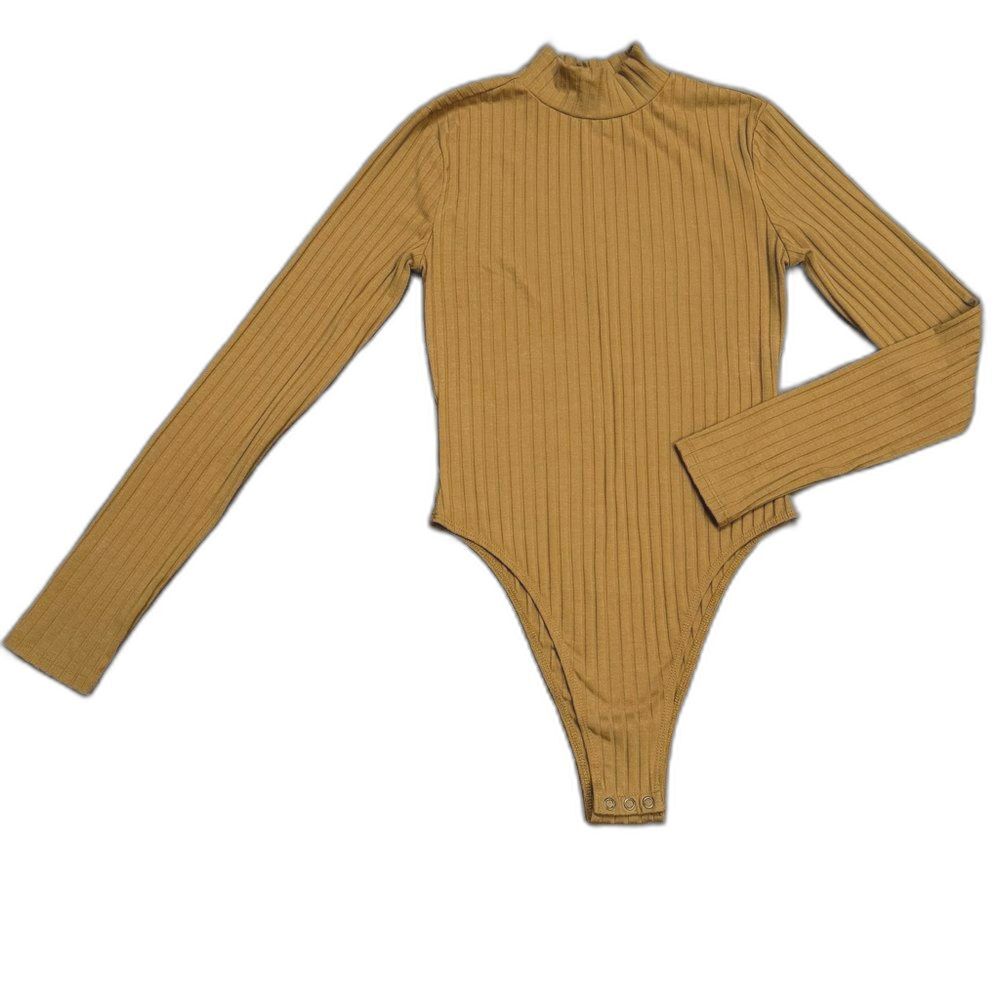 ARIZONA JEAN CO WOMEN'S JUNIOR M CARAMEL RIBBED BODYSUIT MOCK NECK